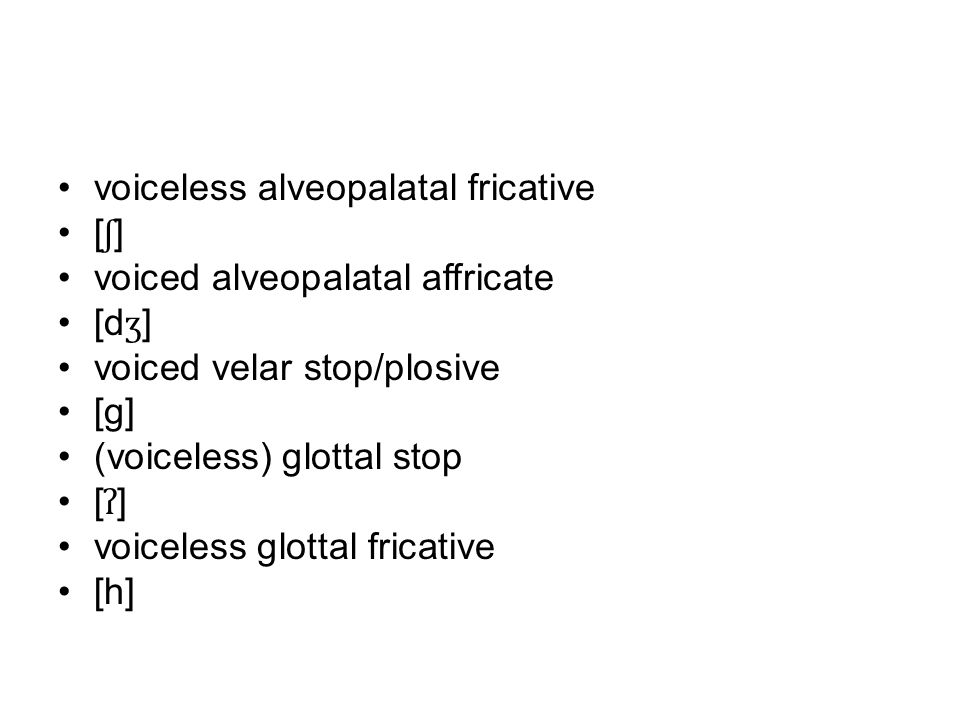voiceless alveopalatal fricative [ ʃ ] voiced alveopalatal affricate [d ʒ ] voiced velar stop/plosive [g] (voiceless) glottal stop [ ʔ ] voiceless glottal fricative [h]