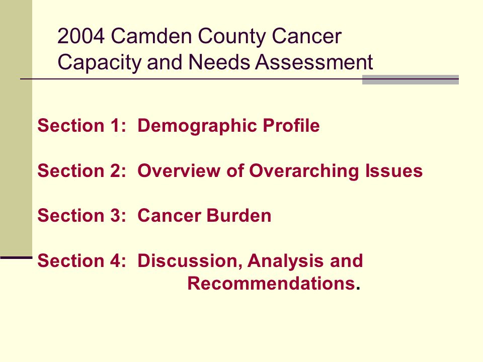 2004 Camden County Cancer Capacity and Needs Assessment Section 1: Demographic Profile Section 2: Overview of Overarching Issues Section 3: Cancer Burden Section 4: Discussion, Analysis and Recommendations.