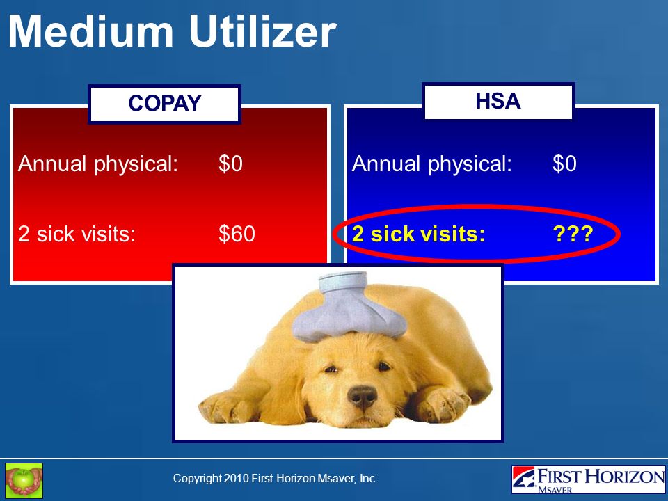 Copyright 2010 First Horizon Msaver, Inc. Medium Utilizer Annual physical: $0 2 sick visits: .