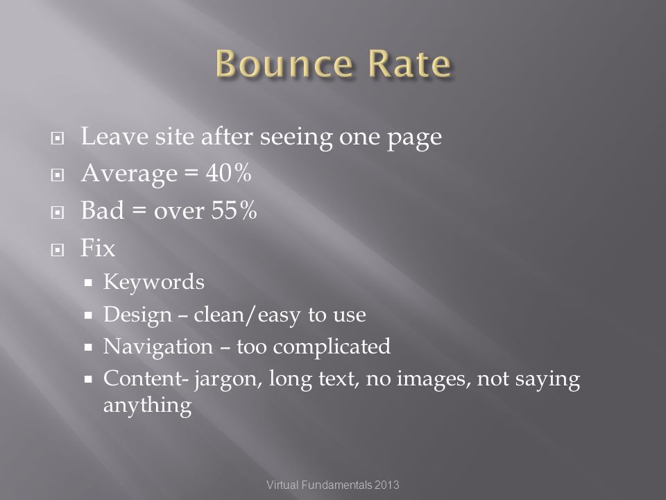 Leave site after seeing one page Average = 40% Bad = over 55% Fix Keywords Design – clean/easy to use Navigation – too complicated Content- jargon, long text, no images, not saying anything Virtual Fundamentals 2013