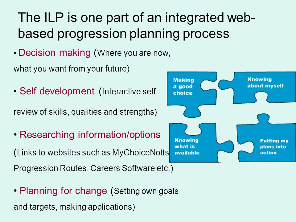 Decision making ( Where you are now, what you want from your future) Self development ( Interactive self review of skills, qualities and strengths) Researching information/options ( Links to websites such as MyChoiceNotts, Progression Routes, Careers Software etc.) Planning for change ( Setting own goals and targets, making applications) The ILP is one part of an integrated web- based progression planning process