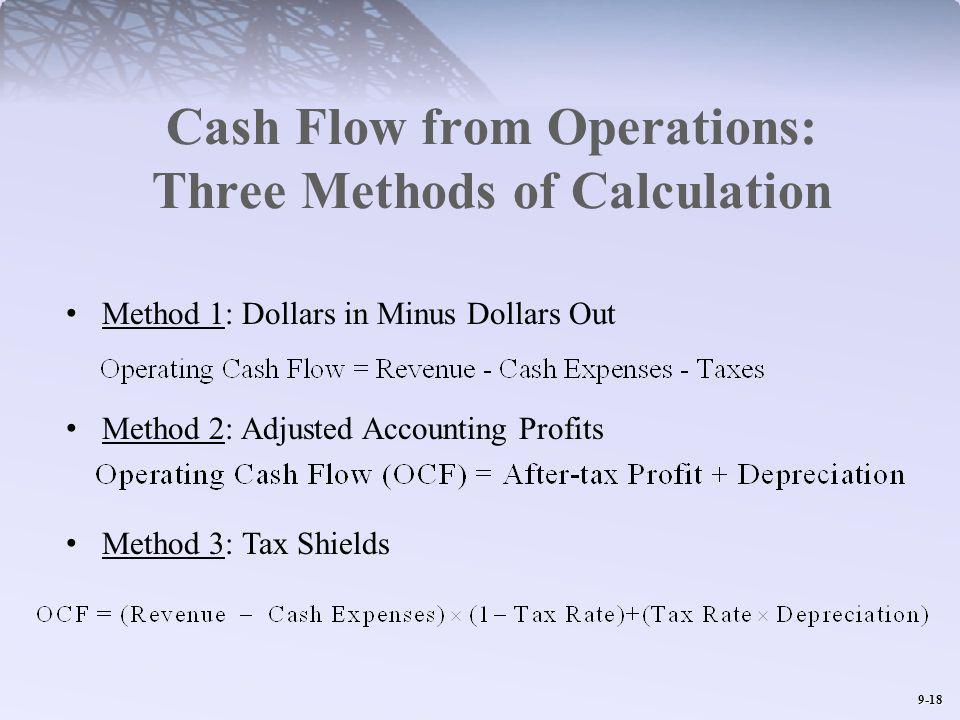 9-18 Cash Flow from Operations: Three Methods of Calculation Method 1: Dollars in Minus Dollars Out Method 2: Adjusted Accounting Profits Method 3: Tax Shields