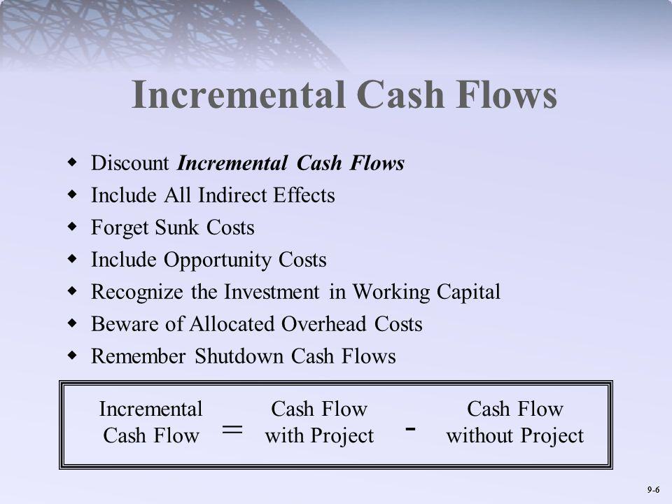 9-6 Incremental Cash Flows Discount Incremental Cash Flows Include All Indirect Effects Forget Sunk Costs Include Opportunity Costs Recognize the Investment in Working Capital Beware of Allocated Overhead Costs Remember Shutdown Cash Flows Incremental Cash Flow Cash Flow with Project Cash Flow without Project = -