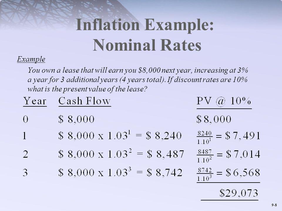 9-8 Inflation Example: Nominal Rates Example You own a lease that will earn you $8,000 next year, increasing at 3% a year for 3 additional years (4 years total).