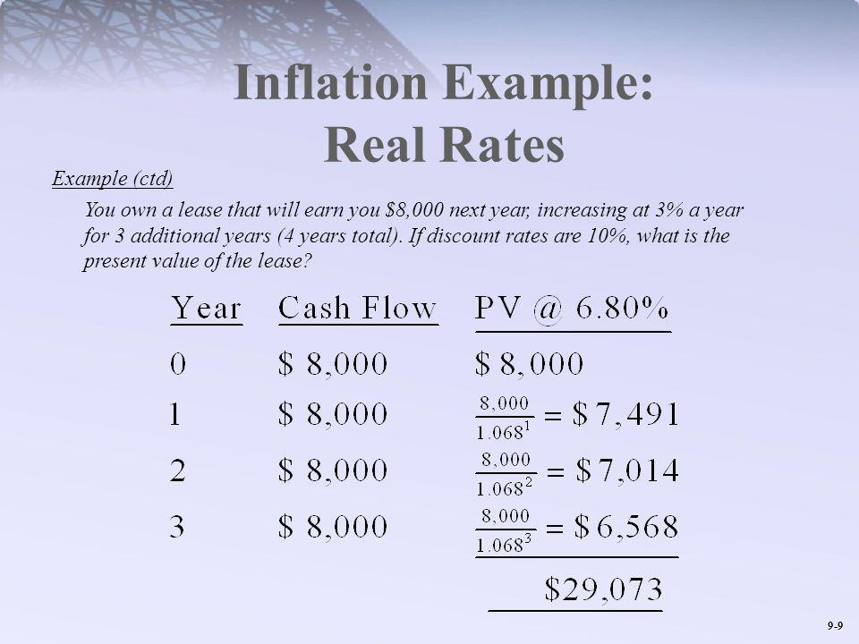 9-9 Inflation Example: Real Rates Example (ctd) You own a lease that will earn you $8,000 next year, increasing at 3% a year for 3 additional years (4 years total).