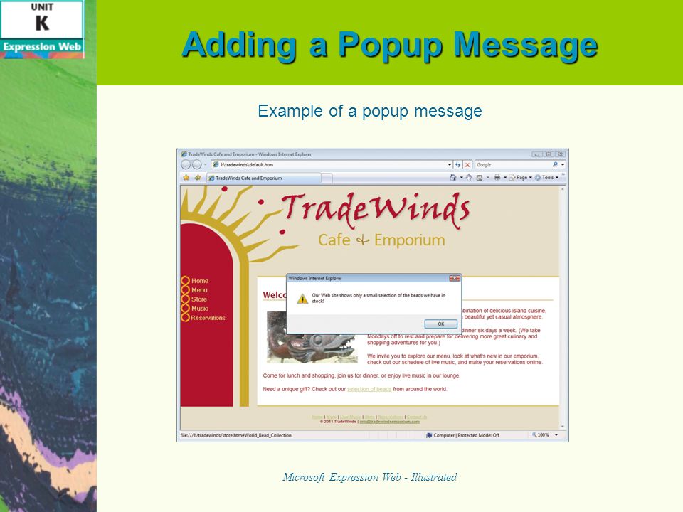 Adding a Popup Message Microsoft Expression Web - Illustrated Example of a popup message