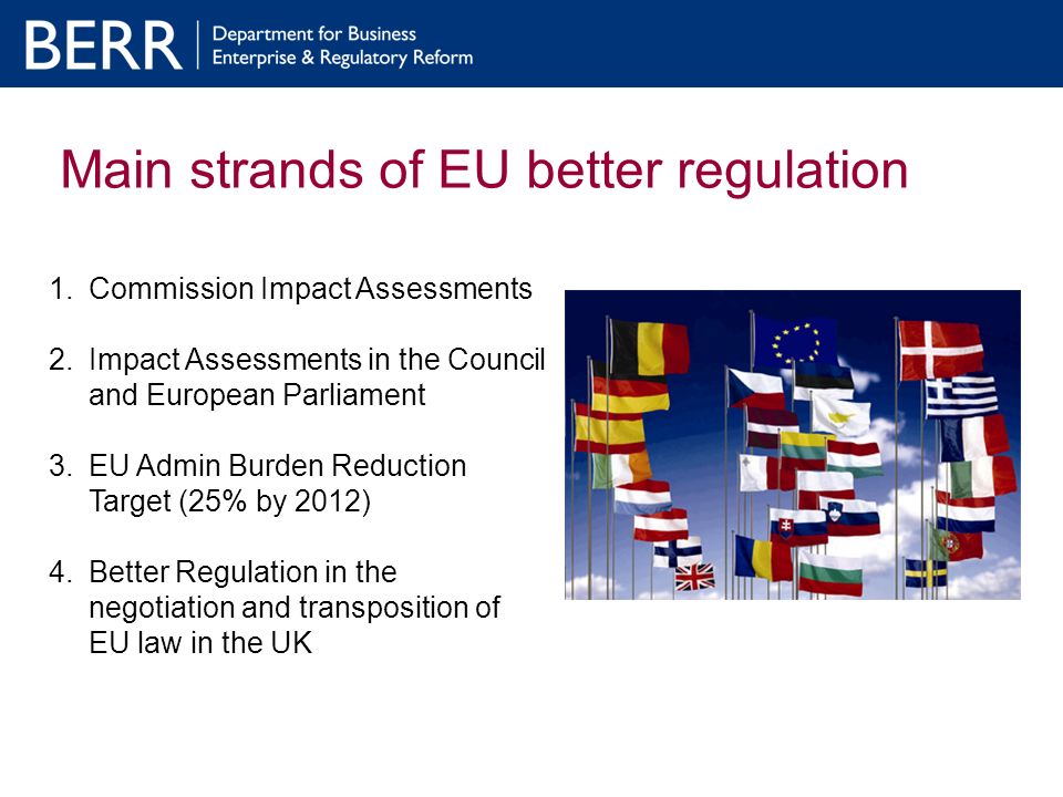 Main strands of EU better regulation 1.Commission Impact Assessments 2.Impact Assessments in the Council and European Parliament 3.EU Admin Burden Reduction Target (25% by 2012) 4.Better Regulation in the negotiation and transposition of EU law in the UK