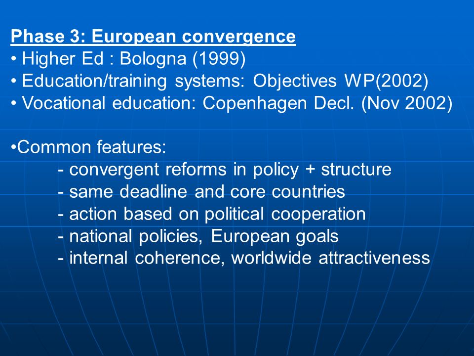 Phase 3: European convergence Higher Ed : Bologna (1999) Education/training systems: Objectives WP(2002) Vocational education: Copenhagen Decl.