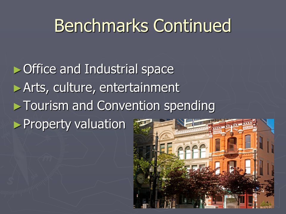 Benchmarks Continued Office and Industrial space Office and Industrial space Arts, culture, entertainment Arts, culture, entertainment Tourism and Convention spending Tourism and Convention spending Property valuation Property valuation