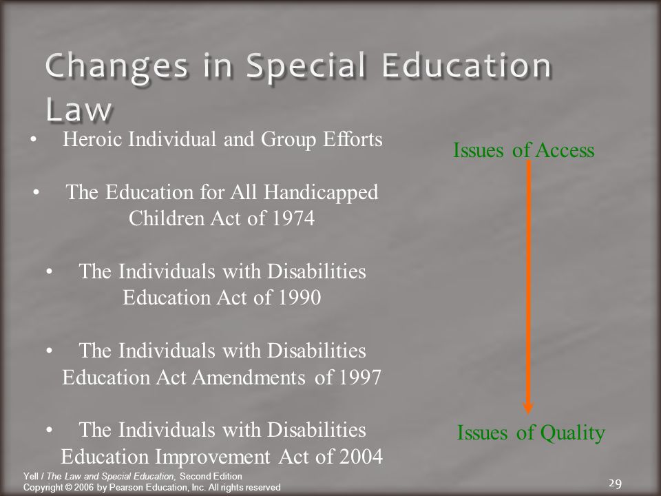 29 Heroic Individual and Group Efforts The Education for All Handicapped Children Act of 1974 The Individuals with Disabilities Education Act of 1990 The Individuals with Disabilities Education Act Amendments of 1997 The Individuals with Disabilities Education Improvement Act of 2004 Issues of Access Issues of Quality Yell / The Law and Special Education, Second Edition Copyright © 2006 by Pearson Education, Inc.