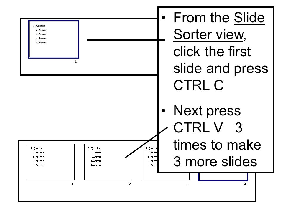 From the Slide Sorter view, click the first slide and press CTRL C Next press CTRL V 3 times to make 3 more slides