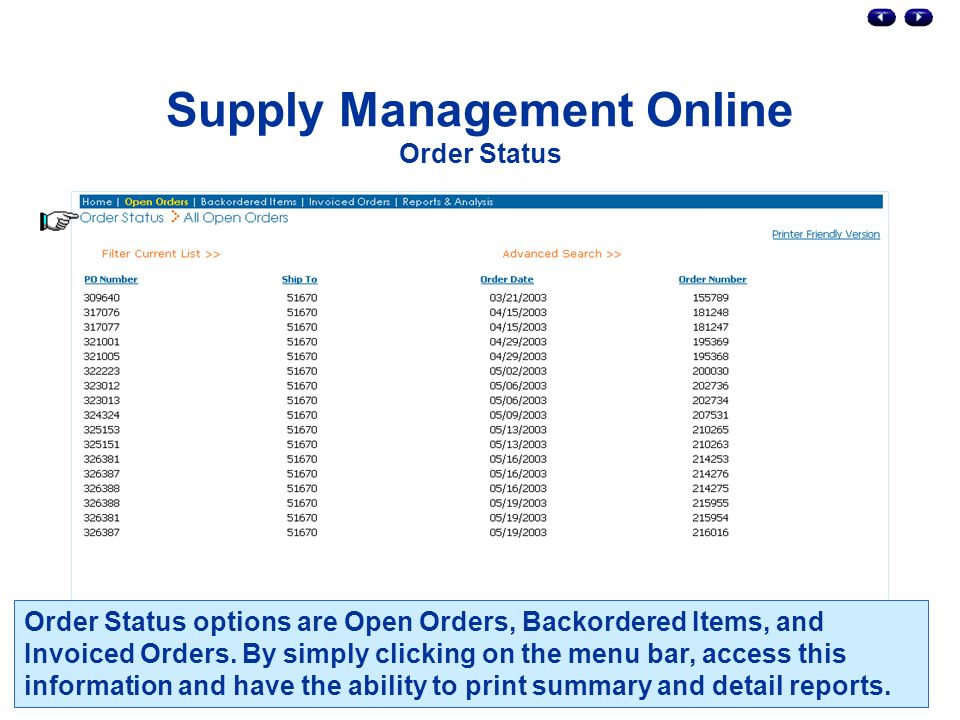 Supply Management Online Order Status Order Status options are Open Orders, Backordered Items, and Invoiced Orders.