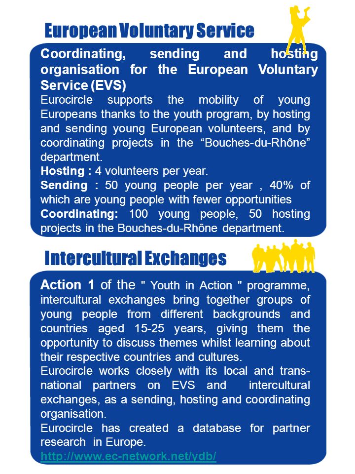 European Voluntary Service Coordinating, sending and hosting organisation for the European Voluntary Service (EVS) Eurocircle supports the mobility of young Europeans thanks to the youth program, by hosting and sending young European volunteers, and by coordinating projects in the Bouches-du-Rhône department.