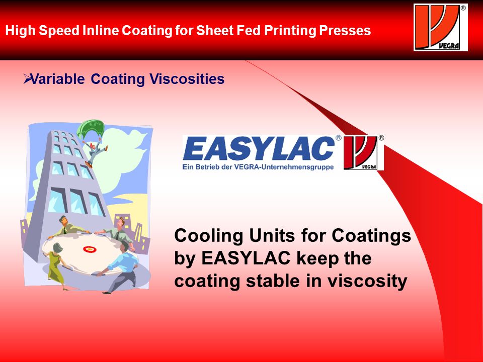High Speed Inline Coating for Sheet Fed Printing Presses Variable Coating Viscosities Cooling Units for Coatings by EASYLAC keep the coating stable in viscosity