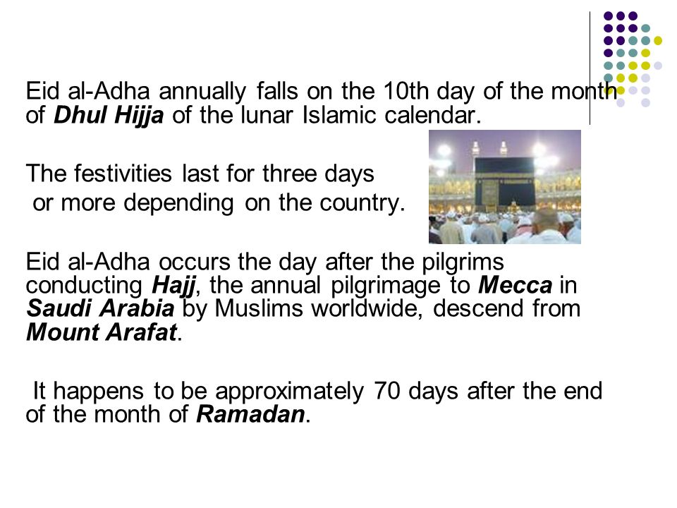 Eid al-Adha annually falls on the 10th day of the month of Dhul Hijja of the lunar Islamic calendar.