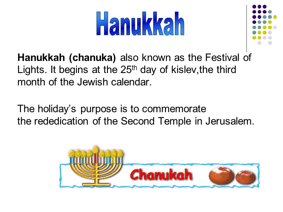 Hanukkah (chanuka) also known as the Festival of Lights.