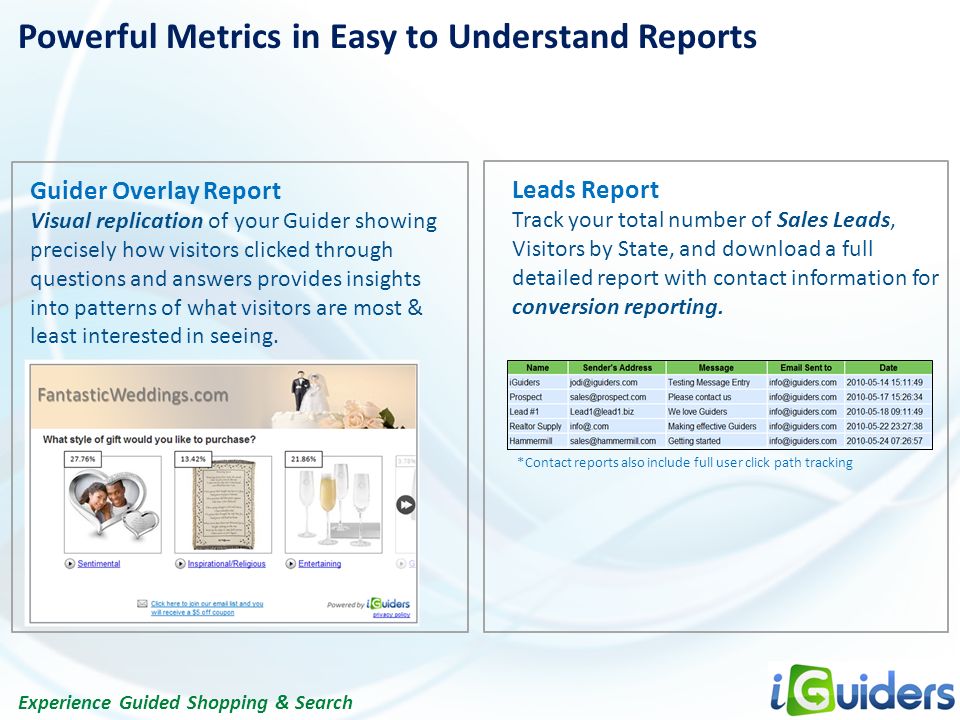 Experience Guided Shopping & Search Guider Overlay Report Visual replication of your Guider showing precisely how visitors clicked through questions and answers provides insights into patterns of what visitors are most & least interested in seeing.