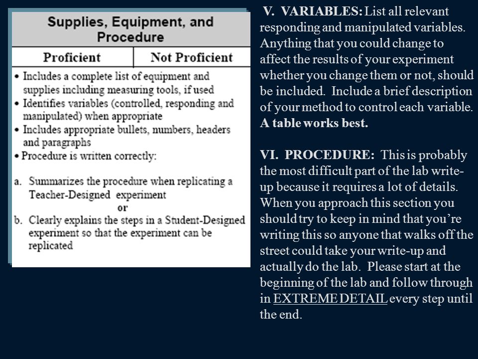 V. VARIABLES: List all relevant responding and manipulated variables.