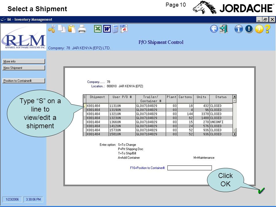 Page 10 Select a Shipment Type S on a line to view/edit a shipment Click OK