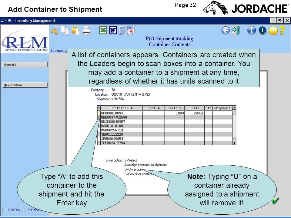 Page 32 Add Container to Shipment A list of containers appears.