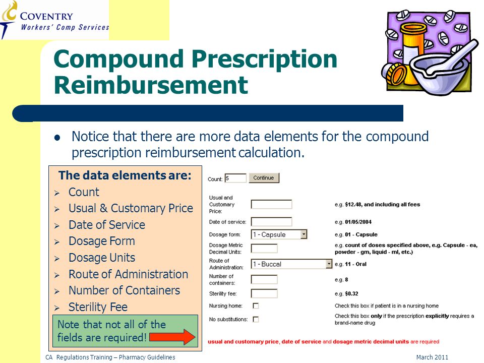March 2011CA Regulations Training – Pharmacy Guidelines Compound Prescription Reimbursement Notice that there are more data elements for the compound prescription reimbursement calculation.