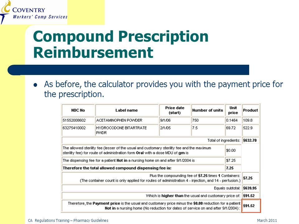 March 2011CA Regulations Training – Pharmacy Guidelines Compound Prescription Reimbursement As before, the calculator provides you with the payment price for the prescription.