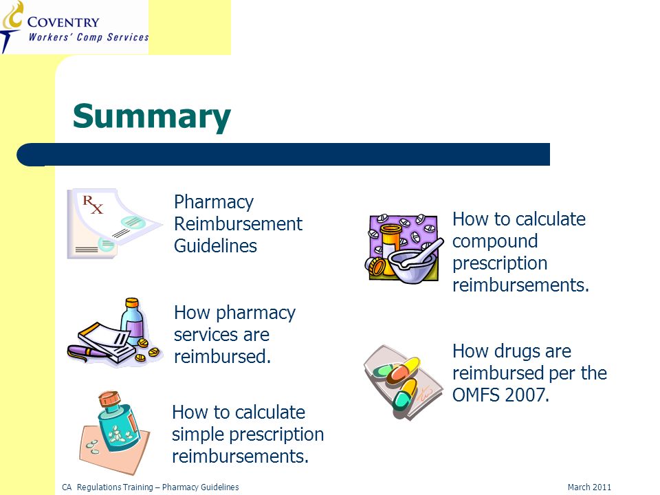 March 2011CA Regulations Training – Pharmacy Guidelines Summary Pharmacy Reimbursement Guidelines How pharmacy services are reimbursed.