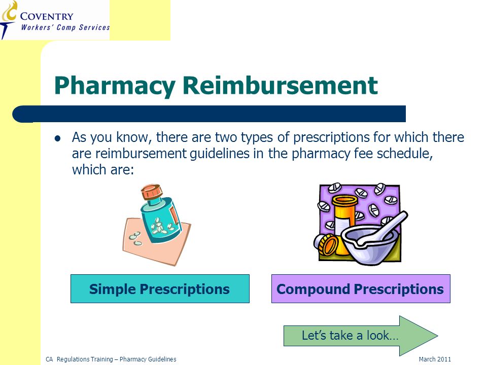 March 2011CA Regulations Training – Pharmacy Guidelines Pharmacy Reimbursement As you know, there are two types of prescriptions for which there are reimbursement guidelines in the pharmacy fee schedule, which are: Simple PrescriptionsCompound Prescriptions Lets take a look…
