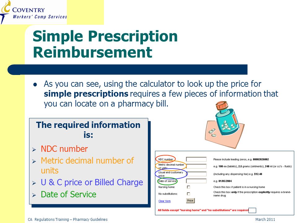 March 2011CA Regulations Training – Pharmacy Guidelines Simple Prescription Reimbursement As you can see, using the calculator to look up the price for simple prescriptions requires a few pieces of information that you can locate on a pharmacy bill.