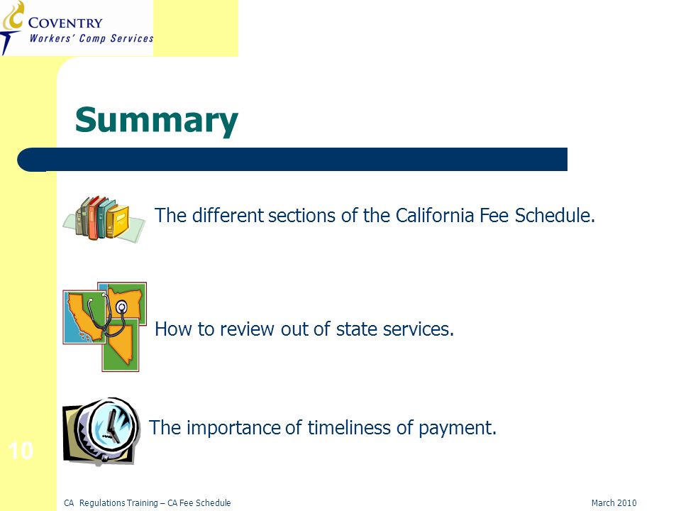 CA Regulations Training – CA Fee ScheduleMarch Summary The different sections of the California Fee Schedule.