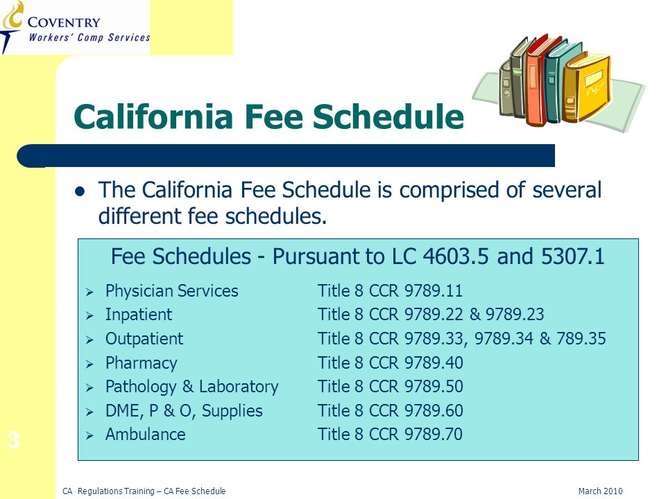 CA Regulations Training – CA Fee ScheduleMarch California Fee Schedule The California Fee Schedule is comprised of several different fee schedules.