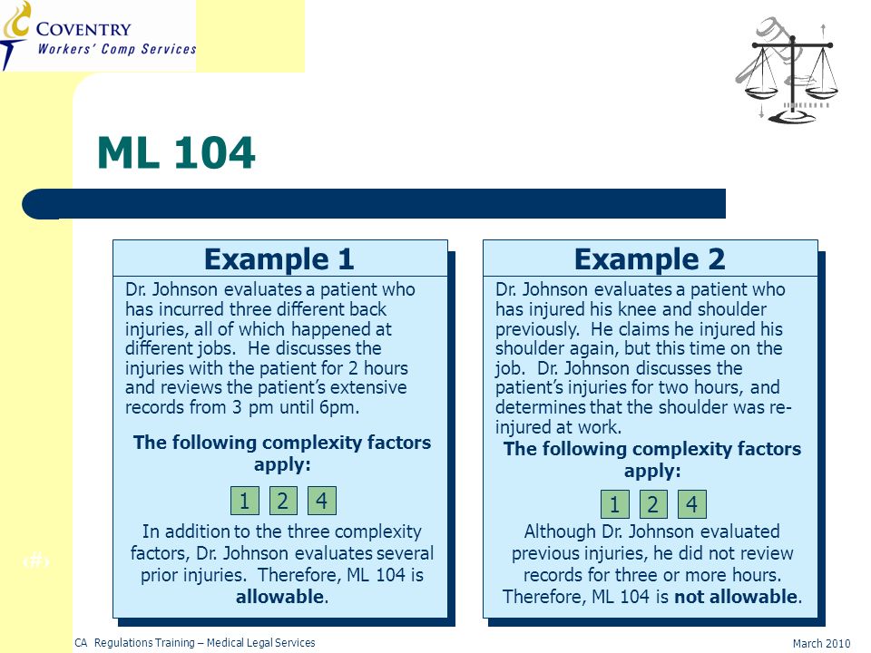25 March 2010 CA Regulations Training – Medical Legal Services ML 104 Example Dr.