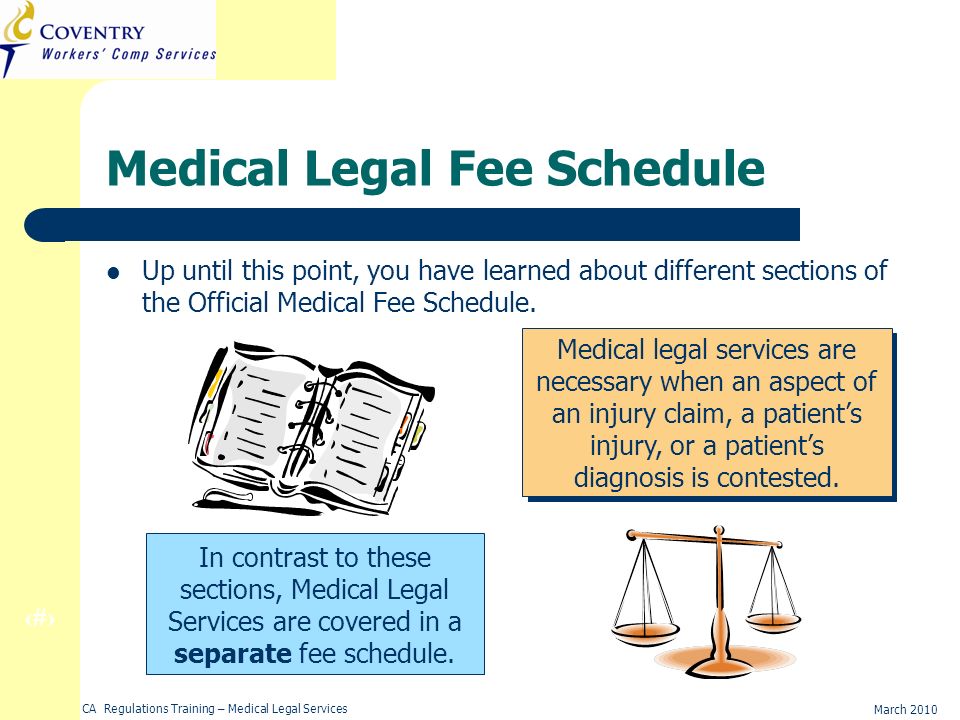3 March 2010 CA Regulations Training – Medical Legal Services Medical Legal Fee Schedule Up until this point, you have learned about different sections of the Official Medical Fee Schedule.