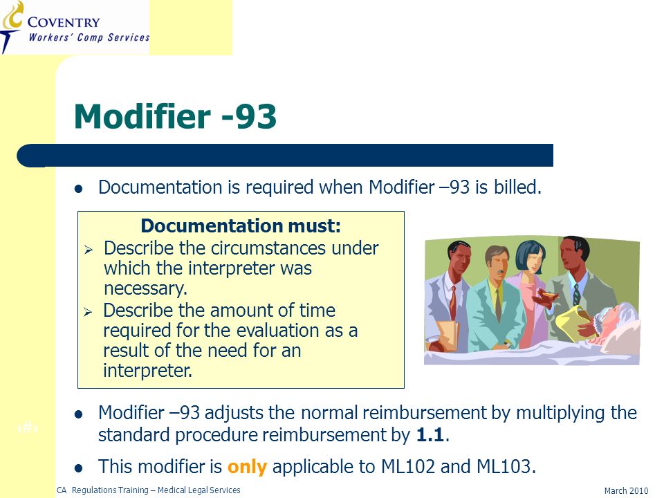 33 March 2010 CA Regulations Training – Medical Legal Services Modifier -93 Documentation is required when Modifier –93 is billed.