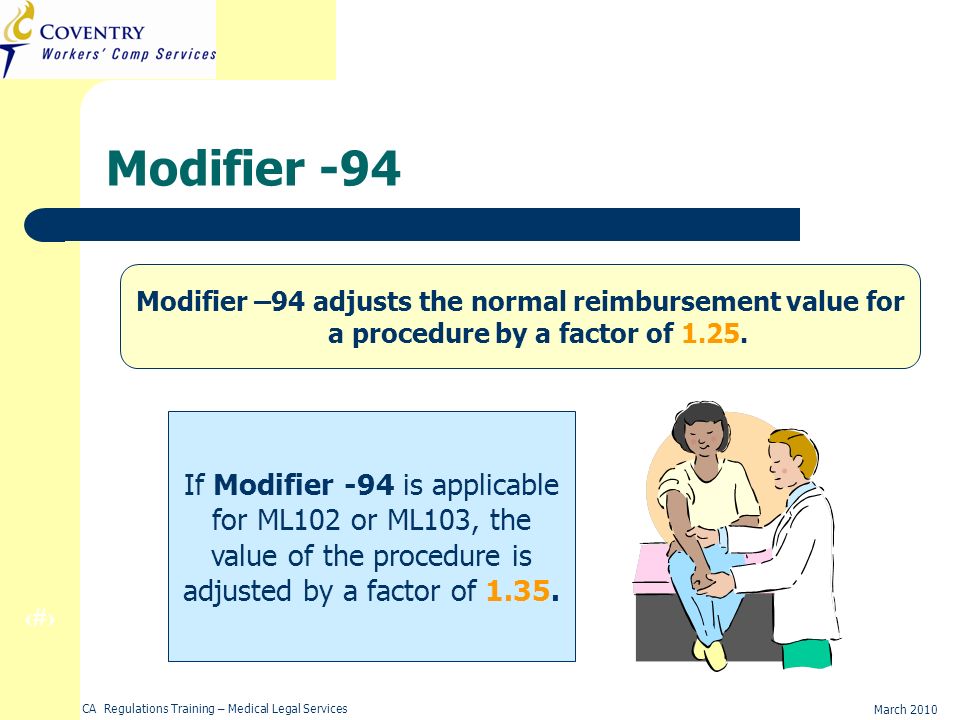 35 March 2010 CA Regulations Training – Medical Legal Services Modifier –94 adjusts the normal reimbursement value for a procedure by a factor of 1.25.
