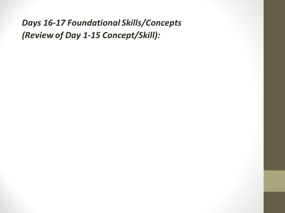 Days Foundational Skills/Concepts (Review of Day 1-15 Concept/Skill):