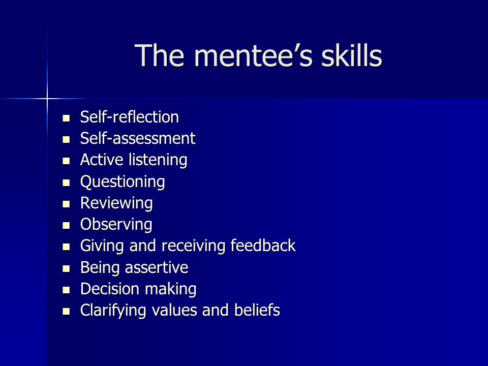 The mentees skills Self-reflection Self-reflection Self-assessment Self-assessment Active listening Active listening Questioning Questioning Reviewing Reviewing Observing Observing Giving and receiving feedback Giving and receiving feedback Being assertive Being assertive Decision making Decision making Clarifying values and beliefs Clarifying values and beliefs