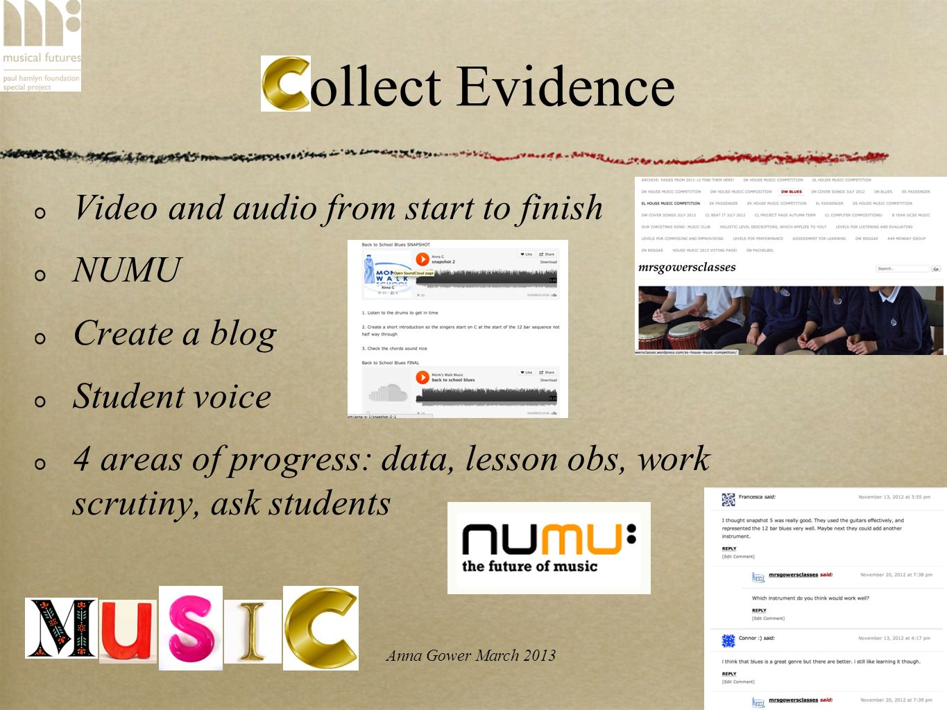 Anna Gower March 2013 Collect Evidence Video and audio from start to finish NUMU Create a blog Student voice 4 areas of progress: data, lesson obs, work scrutiny, ask students