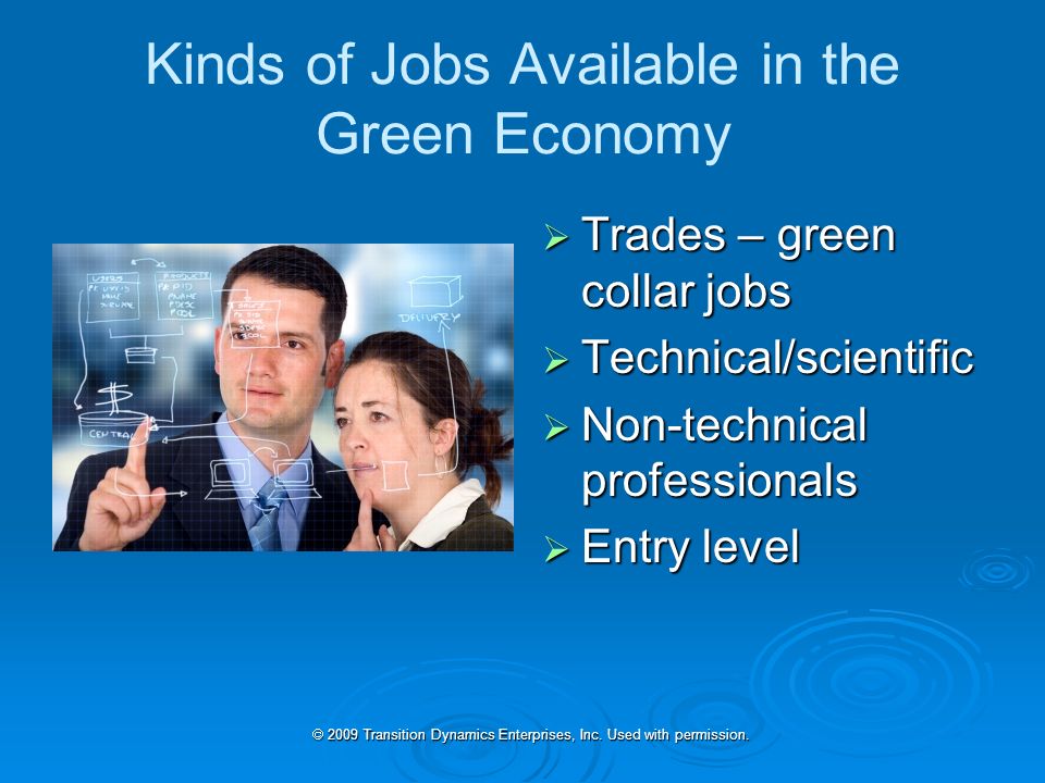Kinds of Jobs Available in the Green Economy Trades – green collar jobs Trades – green collar jobs Technical/scientific Technical/scientific Non-technical professionals Non-technical professionals Entry level Entry level