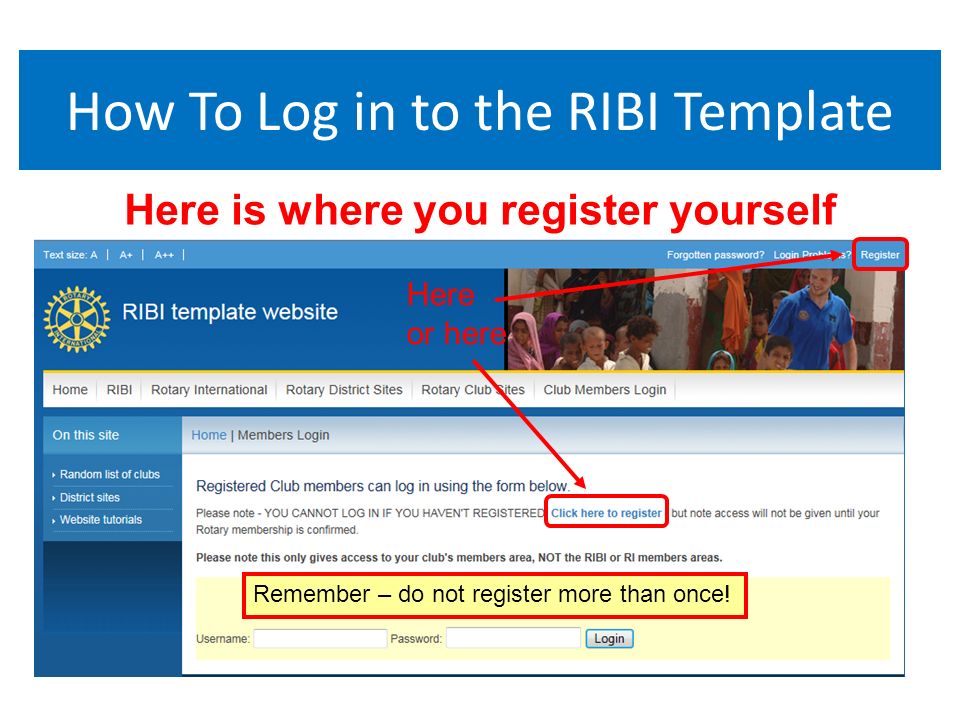How To Log in to the RIBI Template Here is where you register yourself Here or here Remember – do not register more than once!