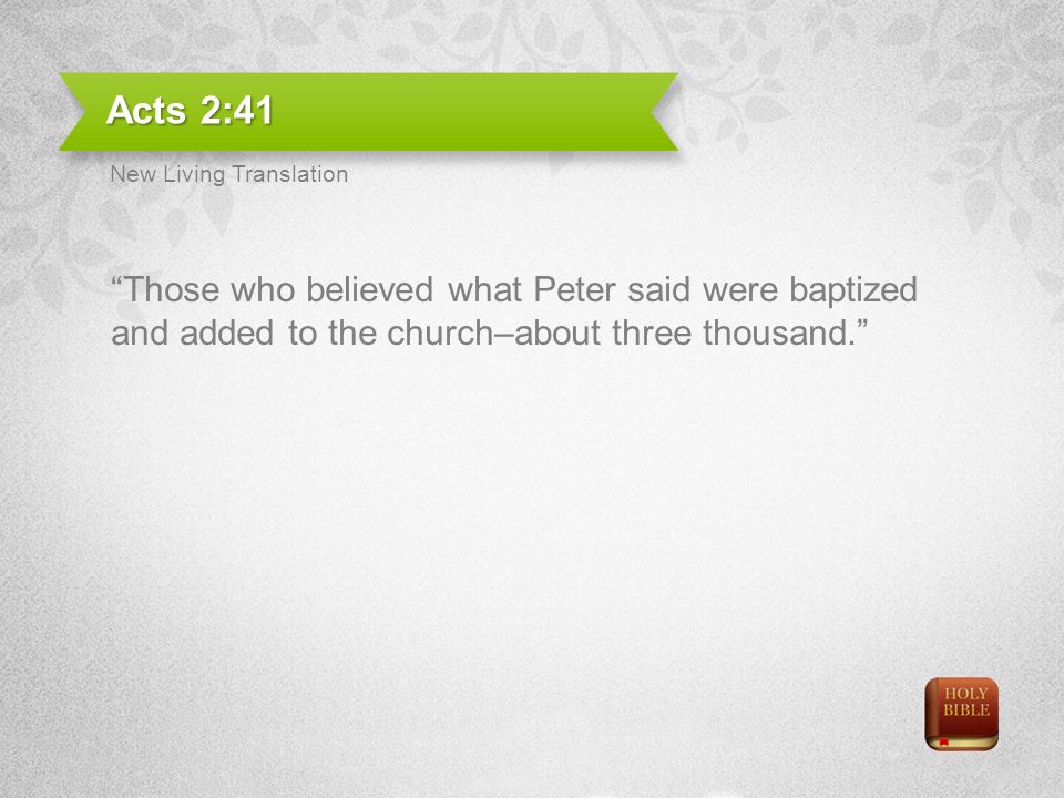 Acts 2:41 Those who believed what Peter said were baptized and added to the church–about three thousand.