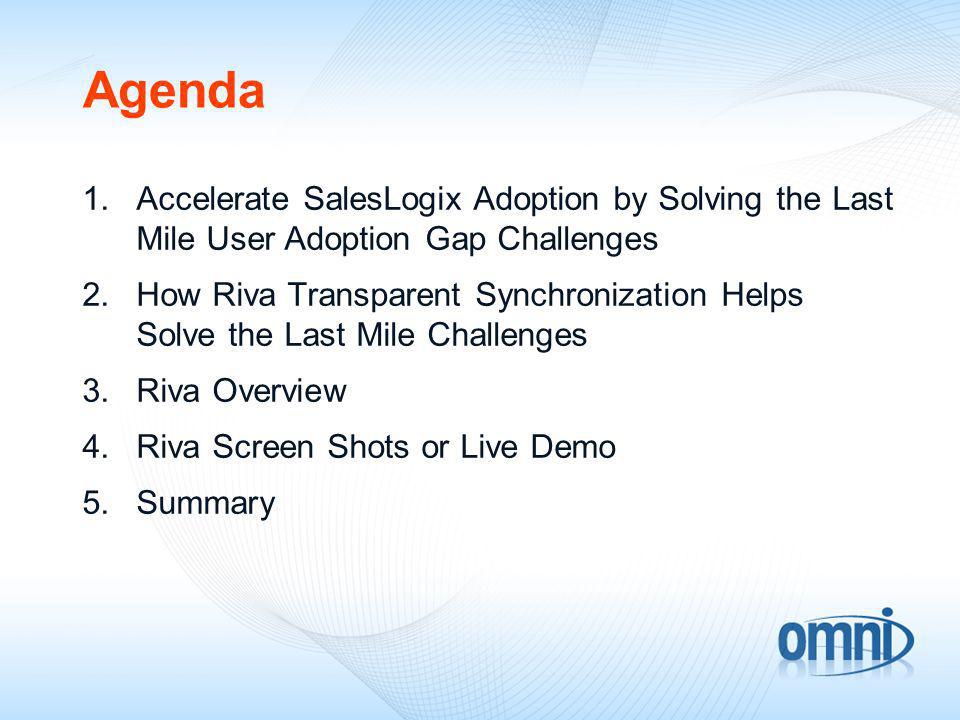Agenda 1.Accelerate SalesLogix Adoption by Solving the Last Mile User Adoption Gap Challenges 2.How Riva Transparent Synchronization Helps Solve the Last Mile Challenges 3.Riva Overview 4.Riva Screen Shots or Live Demo 5.Summary