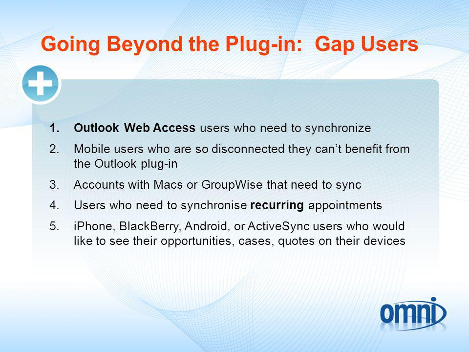 Going Beyond the Plug-in: Gap Users 1.Outlook Web Access users who need to synchronize 2.Mobile users who are so disconnected they cant benefit from the Outlook plug-in 3.Accounts with Macs or GroupWise that need to sync 4.Users who need to synchronise recurring appointments 5.iPhone, BlackBerry, Android, or ActiveSync users who would like to see their opportunities, cases, quotes on their devices