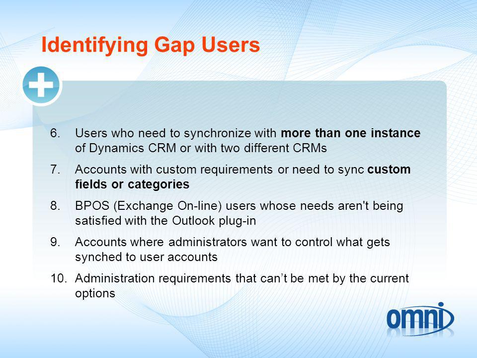 Identifying Gap Users 6.Users who need to synchronize with more than one instance of Dynamics CRM or with two different CRMs 7.Accounts with custom requirements or need to sync custom fields or categories 8.BPOS (Exchange On-line) users whose needs aren t being satisfied with the Outlook plug-in 9.Accounts where administrators want to control what gets synched to user accounts 10.Administration requirements that cant be met by the current options