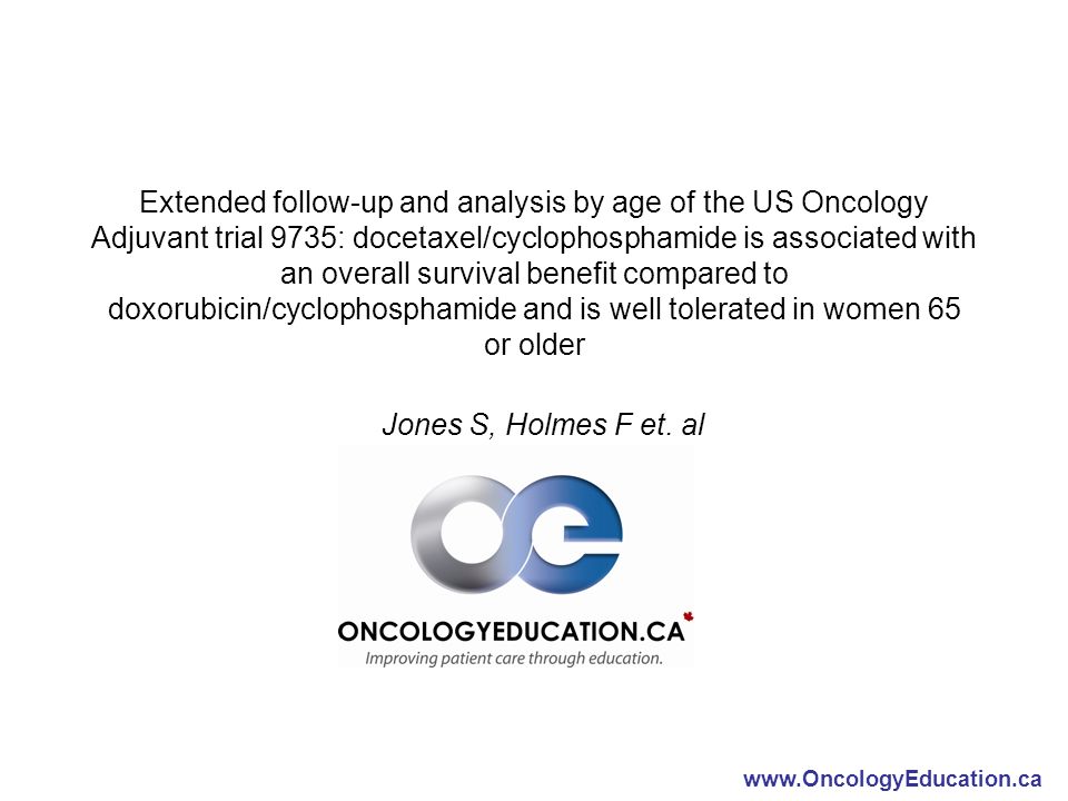 Extended follow-up and analysis by age of the US Oncology Adjuvant trial 9735: docetaxel/cyclophosphamide is associated with an overall survival benefit compared to doxorubicin/cyclophosphamide and is well tolerated in women 65 or older Jones S, Holmes F et.