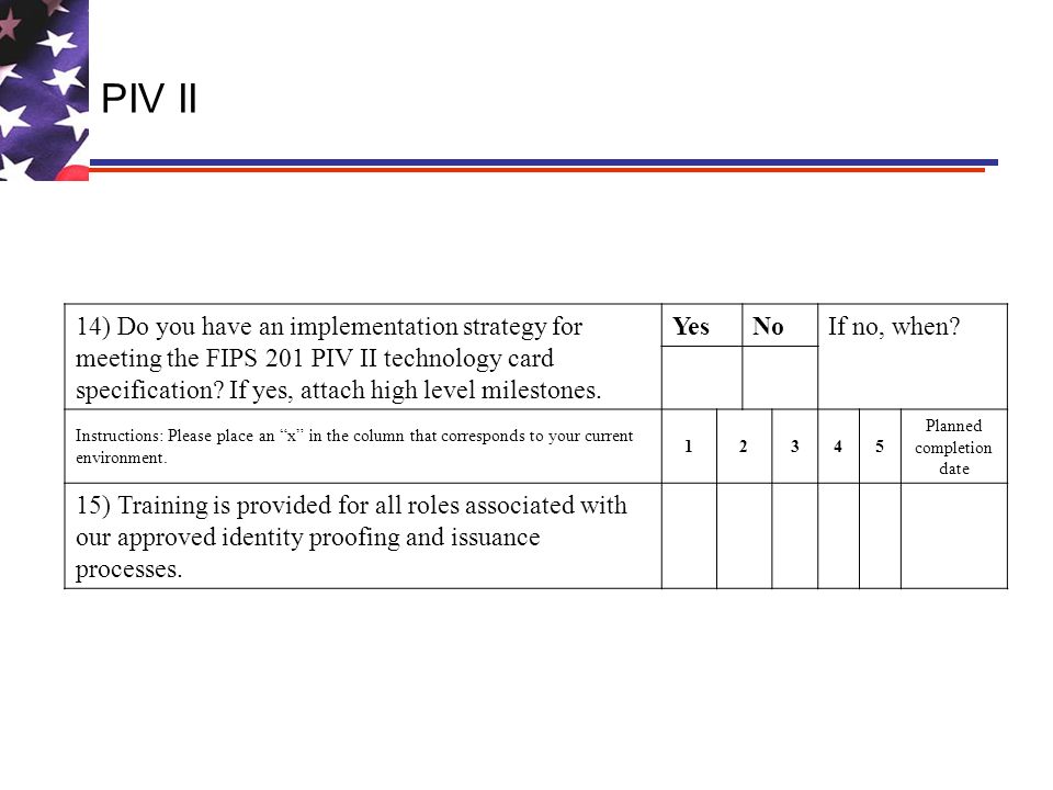PIV II 14) Do you have an implementation strategy for meeting the FIPS 201 PIV II technology card specification.