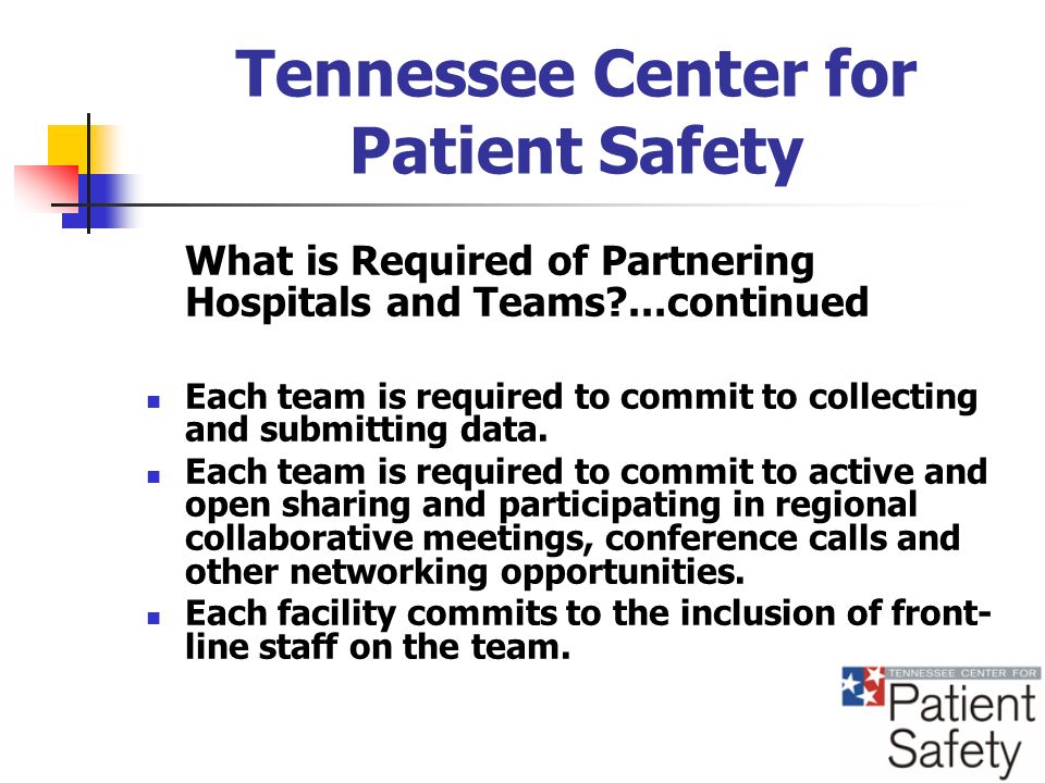 Tennessee Center for Patient Safety What is Required of Partnering Hospitals and Teams ...continued Each team is required to commit to collecting and submitting data.