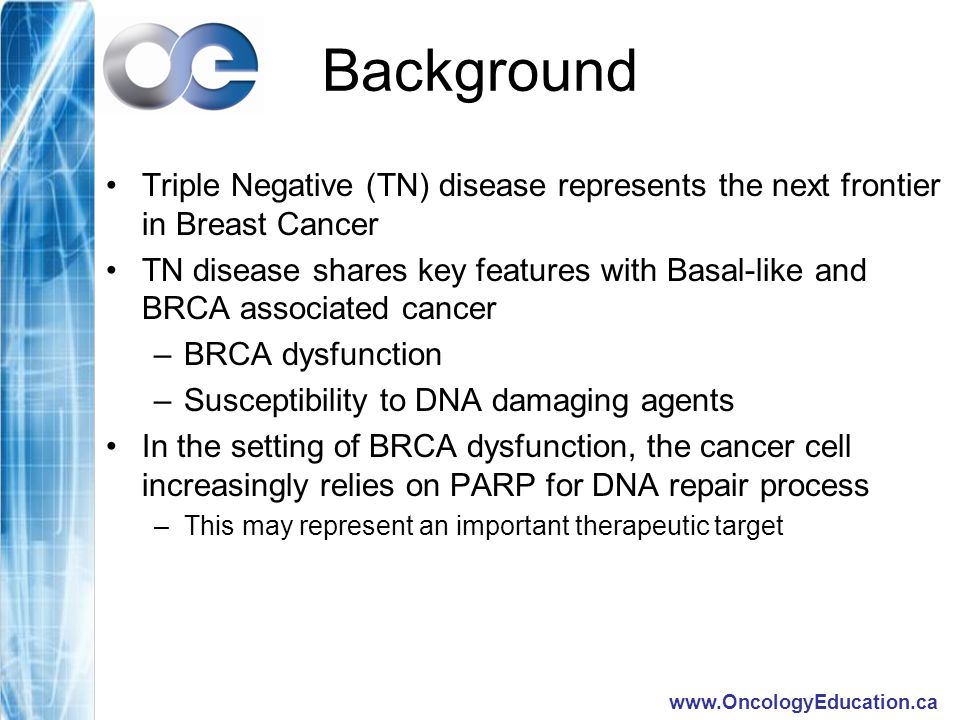 Background Triple Negative (TN) disease represents the next frontier in Breast Cancer TN disease shares key features with Basal-like and BRCA associated cancer –BRCA dysfunction –Susceptibility to DNA damaging agents In the setting of BRCA dysfunction, the cancer cell increasingly relies on PARP for DNA repair process –This may represent an important therapeutic target