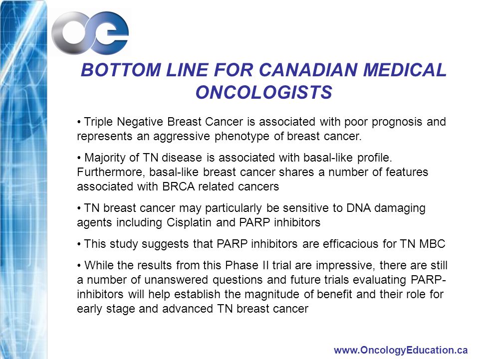 BOTTOM LINE FOR CANADIAN MEDICAL ONCOLOGISTS Triple Negative Breast Cancer is associated with poor prognosis and represents an aggressive phenotype of breast cancer.