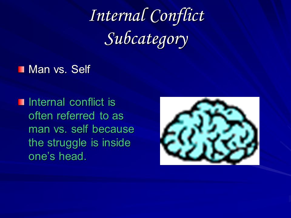 Example of Internal Conflict A character may have to decide between right and wrong or between two solutions to a problem.